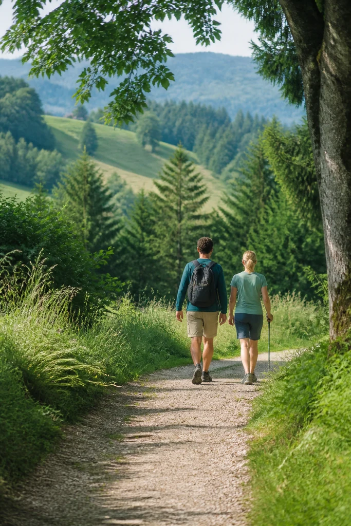 Menschen auf einem ruhigen Weg in grüner Landschaft als Sinnbild für Gesundheit im Alltag